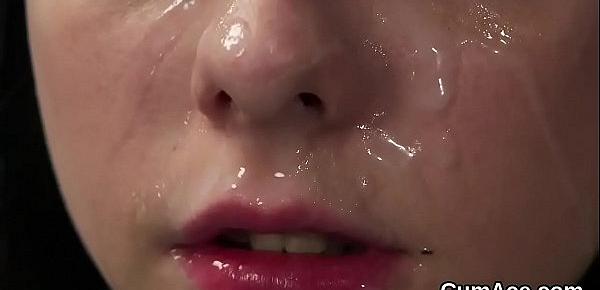  Hot beauty gets cumshot on her face swallowing all the love juice